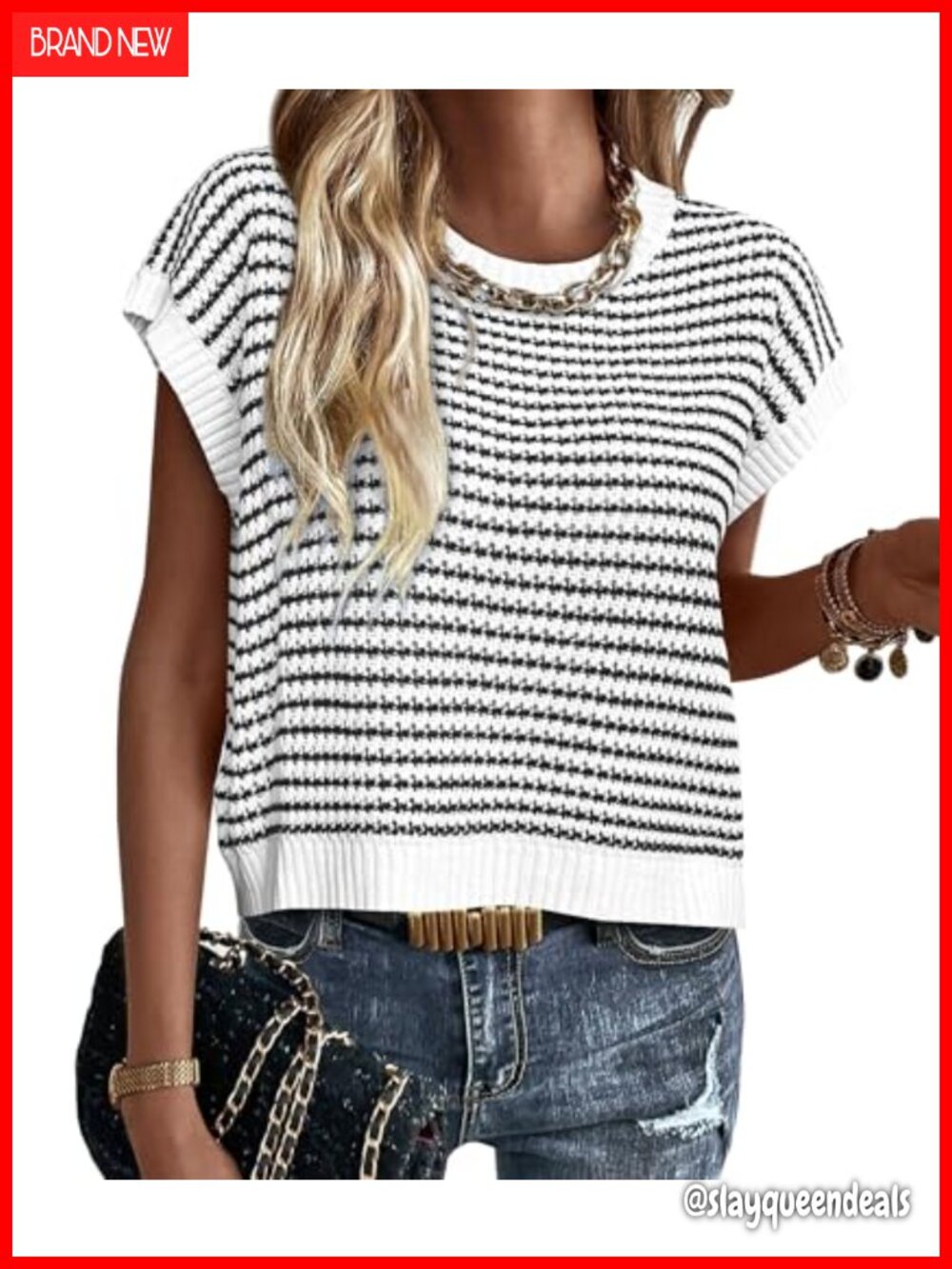 Striped Short Sleeve Knit Sweater Vest Pullover